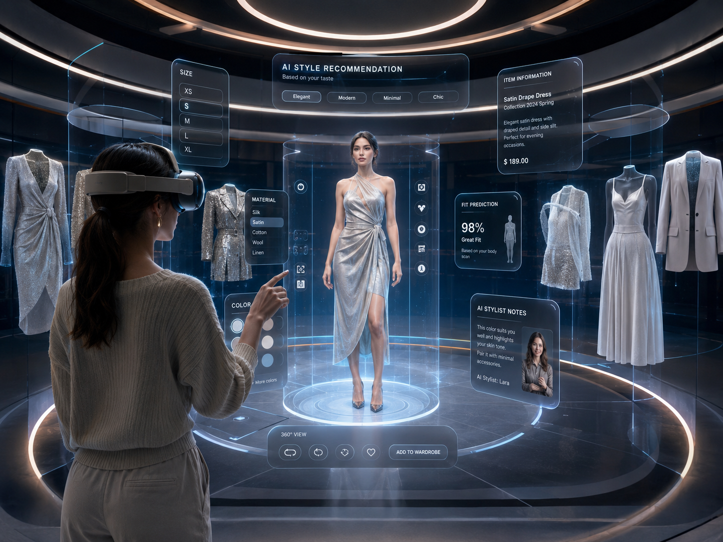 由模特演绎搭配方案的 AI 衣橱产品概念图
